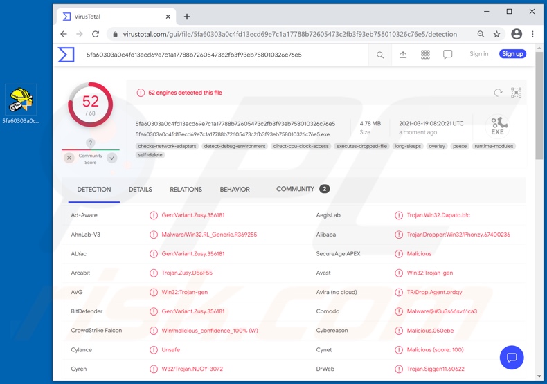 Detecções do malware CopperStealer no VirusTotal