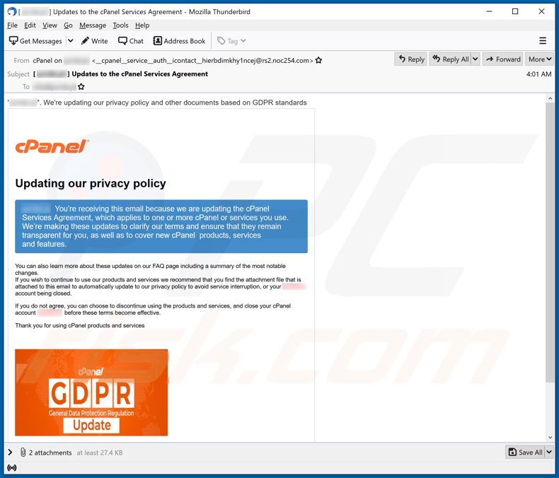 Variante do e-mail da fraude cPanel