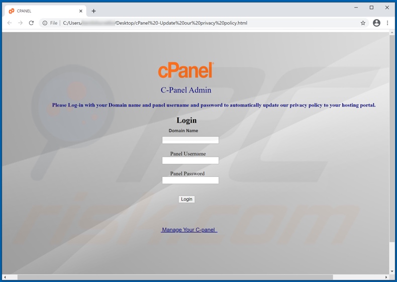 cPanel email anexo de phishing fraudulento