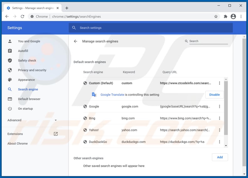 Remoção de ctcodeinfo.com do motor de pesquisa padrão do Google Chrome