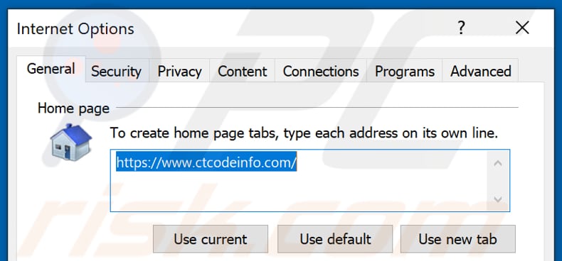 Remoção de ctcodeinfo.com da página inicial do Internet Explorer