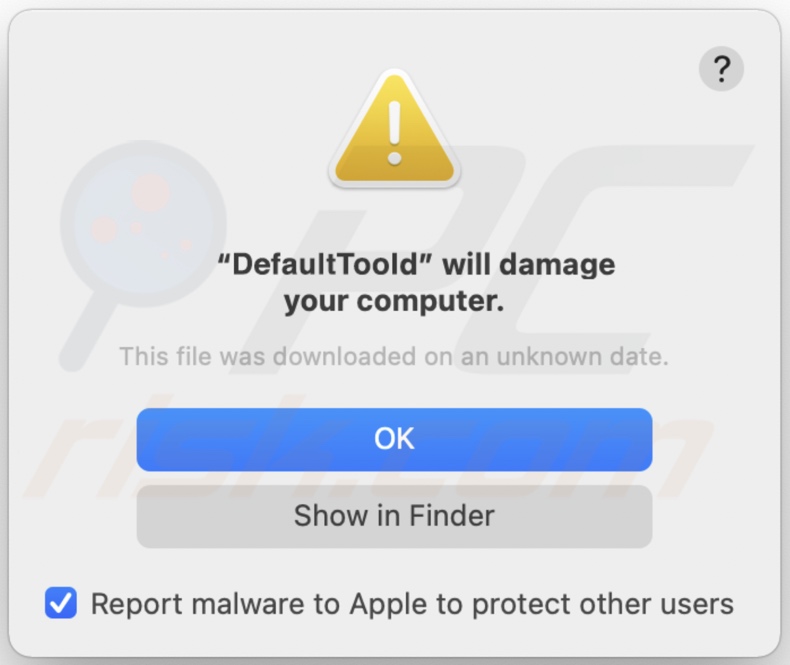Pop-up exibido quando o adware DefaultTool é instalado