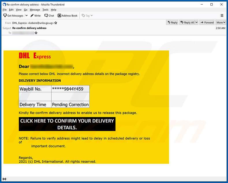 Email de spam com o tema DHL Express (2021-03-24)