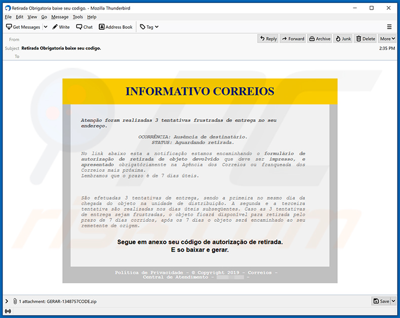 Correio eletrónico de spam que espalha o trojan Javali (Ousaban)