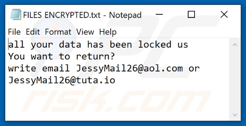 Ficheiro de texto do ransomware Jessy (FILES ENCRYPTED.txt)