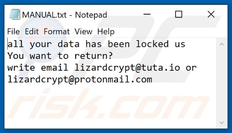 Ficheiro de texto do ransomware Liz (Manual.txt)