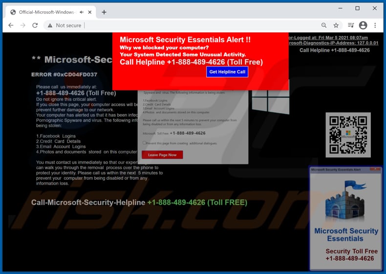 Fraude Microsoft Security Essentials Alert