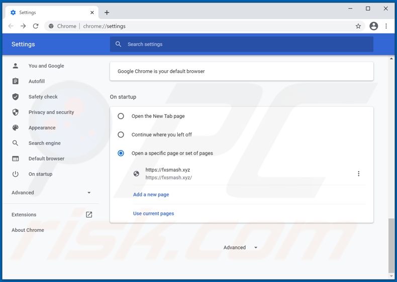 Remoção do fxsmash.xyz da página inicial do Google Chrome