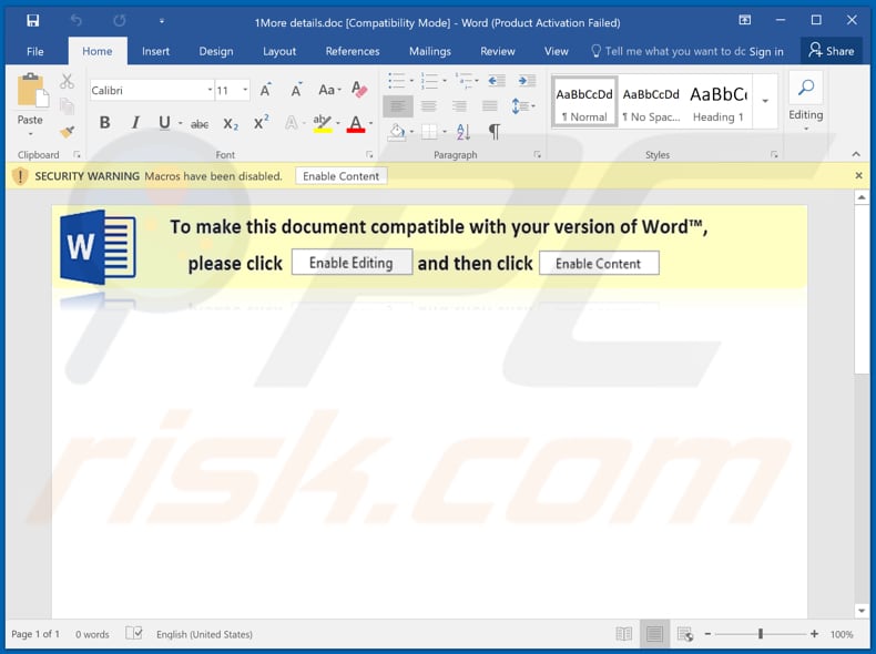 Documento malicioso de malware obliquerat usado para distribuir obliquerat 1