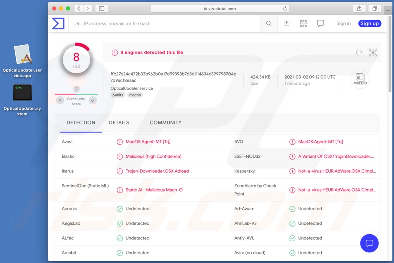 Detecções de adware OpticalUpdater no VirusTotal