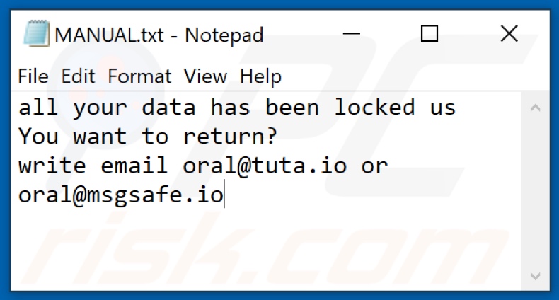 Ficheiro de texto do ransomware ORAL (Manual.txt)