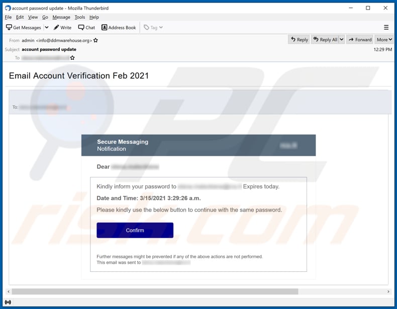 Screenshot da segunda variante de e-mail de phishing