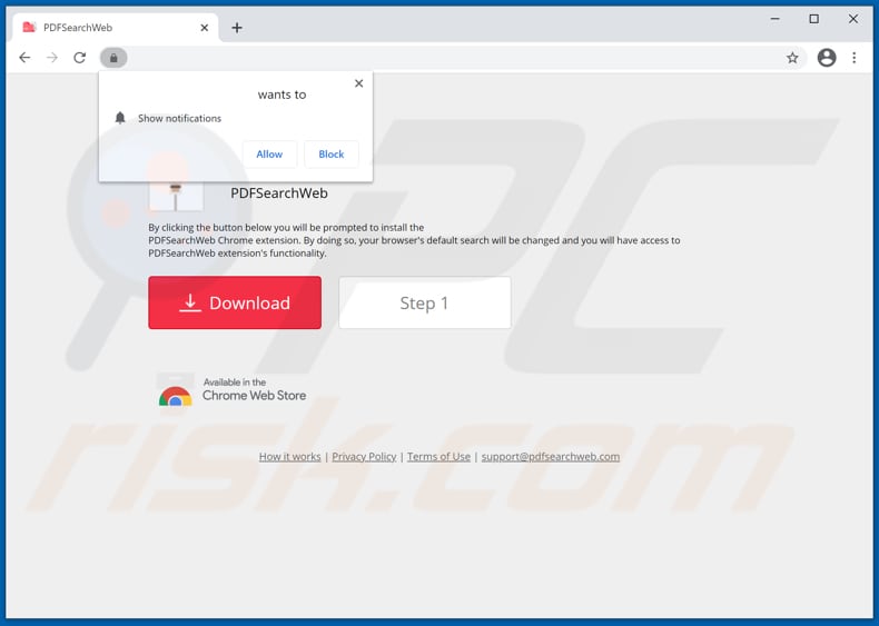 Site usado para promover o sequestrador de navegador PDFSearchWeb