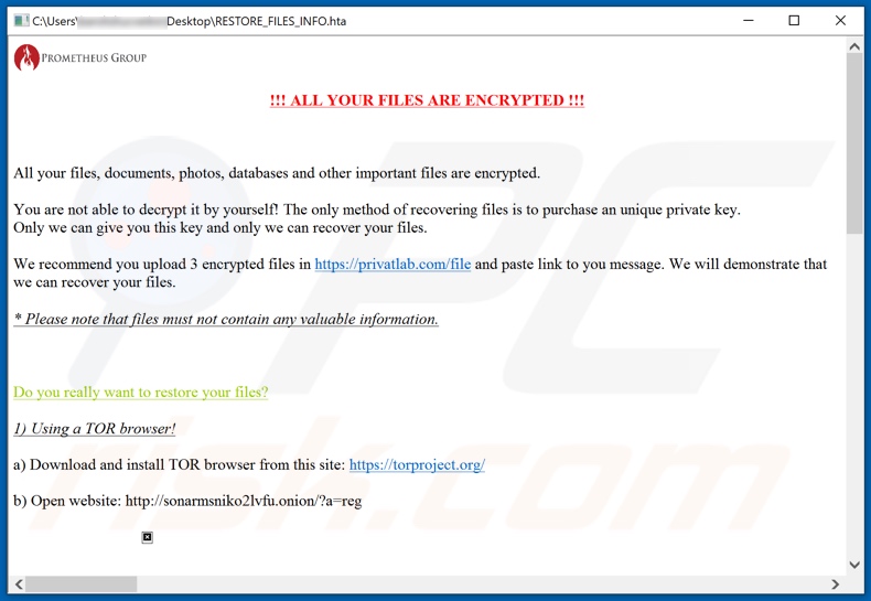 PROM ransomware nota de resgate (RESTORE_FILES_INFO.hta)