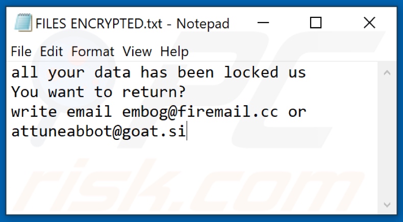 Ficheiro de texto do ransomware ROG (FILES ENCRYPTED.txt)
