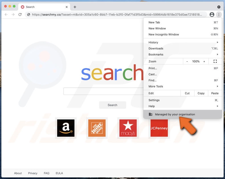 searchmy.co a promover sequestrador de navegador adicionado recurso Managed by your organization ao Chrome