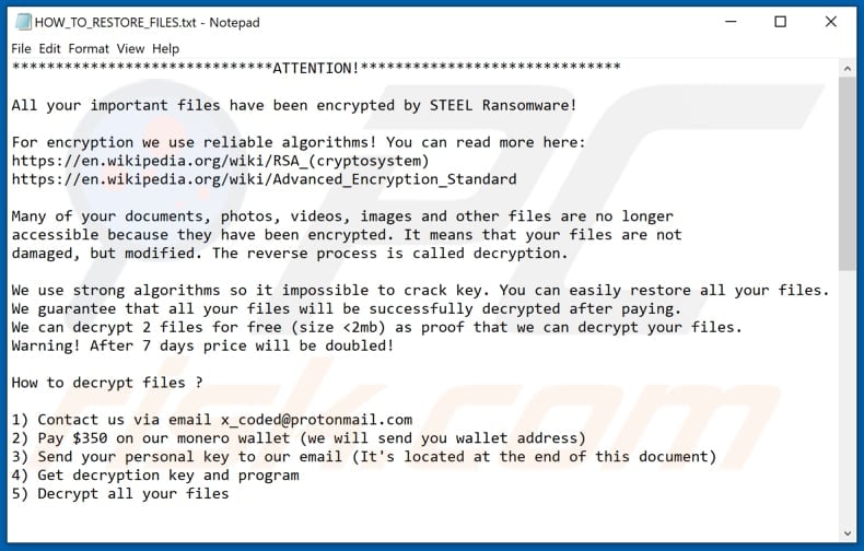 Instruções de desencriptação de STEEL (HOW_TO_RESTORE_FILES.txt)