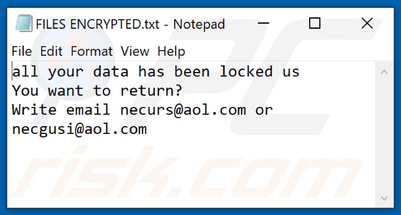 Ficheiro de texto do ransomware Urs (FILES ENCRYPTED.txt)