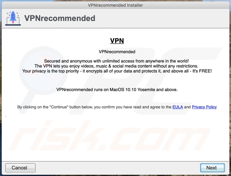 Instalador ilusório usado para promover VPNrecommender (Passo 2)