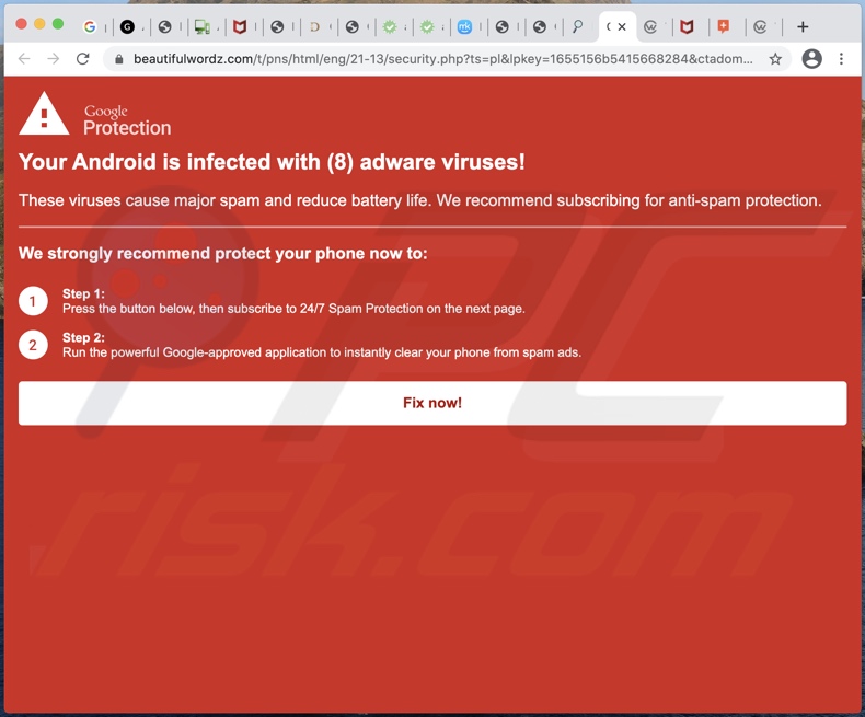 ágina de plano de fundo do fraude Your Android is infected with (8) adware viruses!