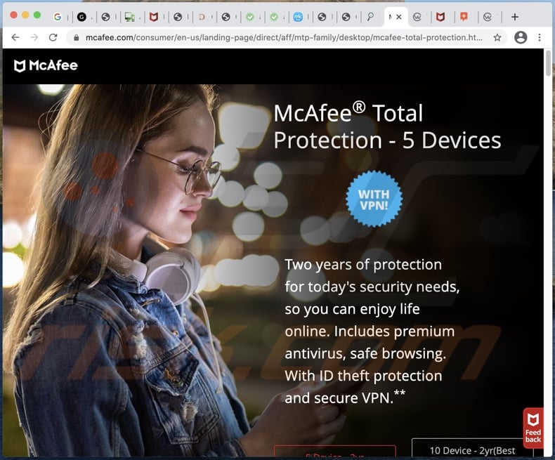 site legítimo do antivírus da McAfee promovido pela fraude 