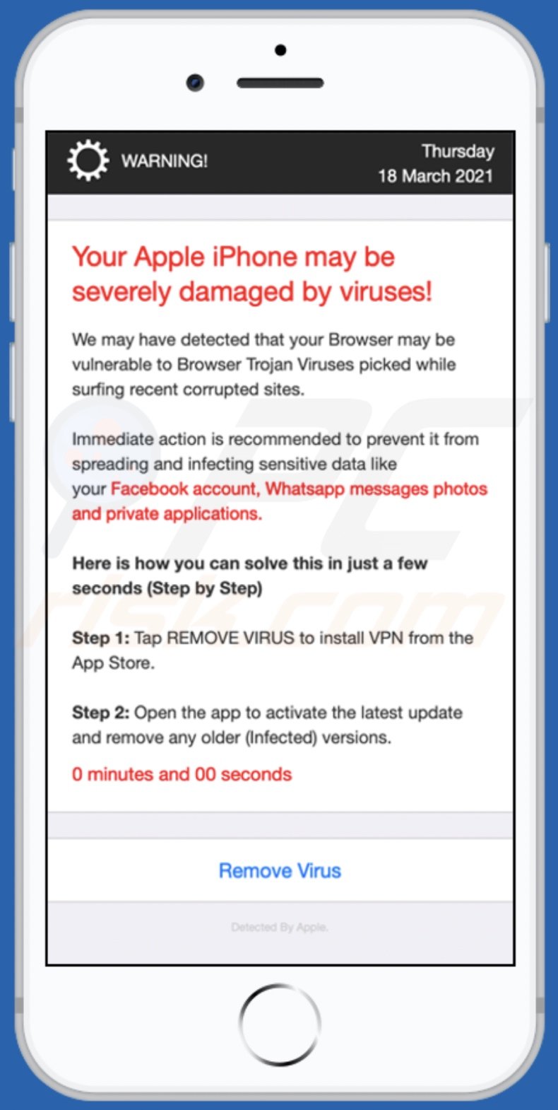 página de fundo da fraude Your Apple iPhone may be severely damaged by viruses!