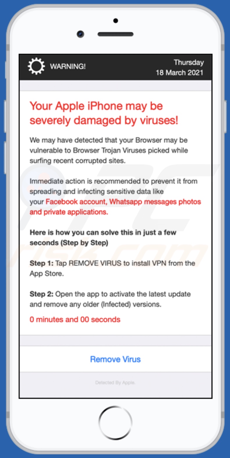 página de fundo da fraude Your Apple iPhone may be severely damaged by viruses!