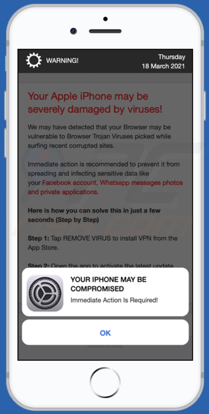 pop-up da fraude Your Apple iPhone may be severely damaged by viruses!