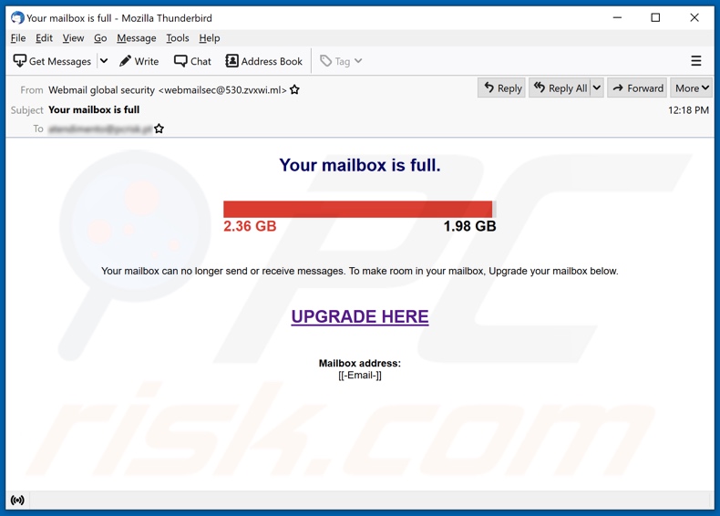 campanha de spam por email Your mailbox is full