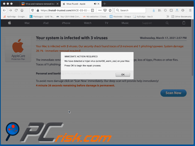 Your System Is Infected With 3 Viruses variante de fraude pop-up (2021-03-17 - GIF)