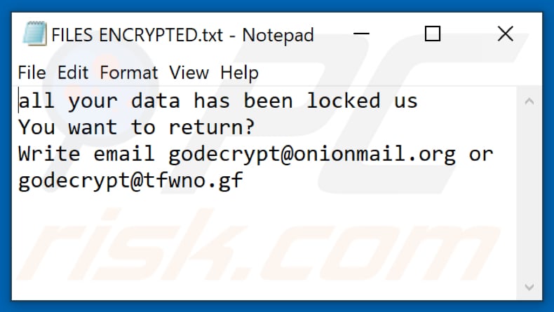 ficheiro de texto do ransomware 4o4 (FILES ENCRYPTED.txt)