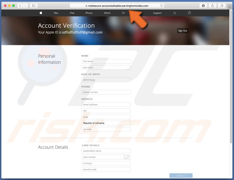 página de fraude de fraude de apple id por e-mail a pedir informação sensível