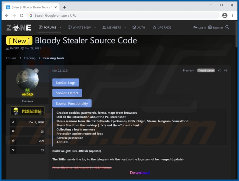 o malware Bloody Stealer anunciado num fórum de piratas