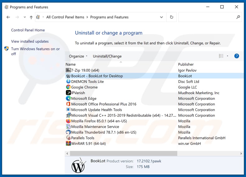 desinstalar o adware BookLot via Painel de Controlo