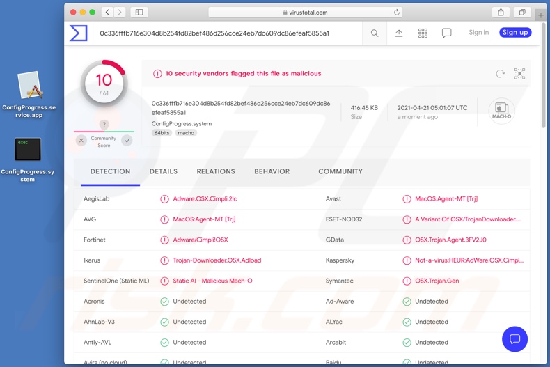 detecções do adware ConfigProgress no VirusTotal