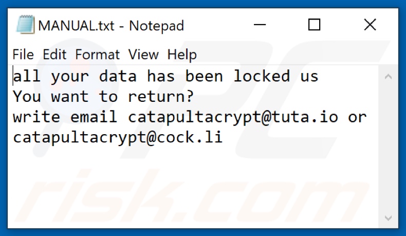 Ficheiro de texto do ransomware ctpl (MANUAL.txt)