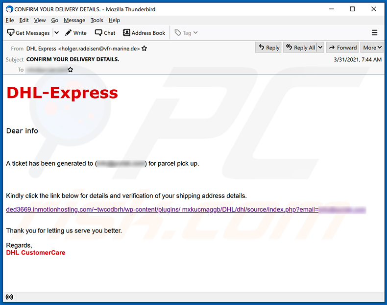Email de spam com o tema DHL Express promovendo um website de phishing (2021-04-01)