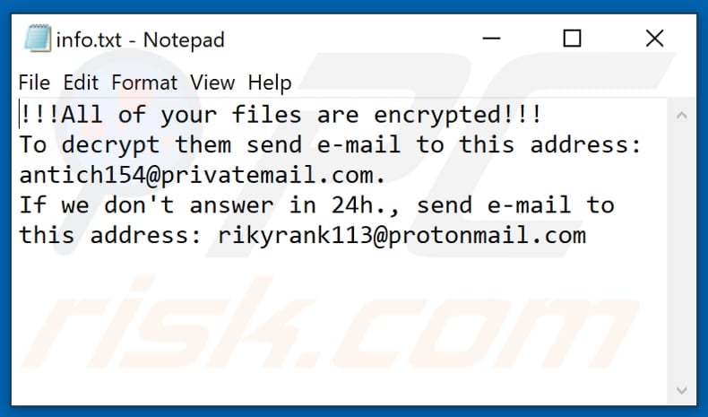 ficheiro de texto do ransomware Elbie (info.txt)