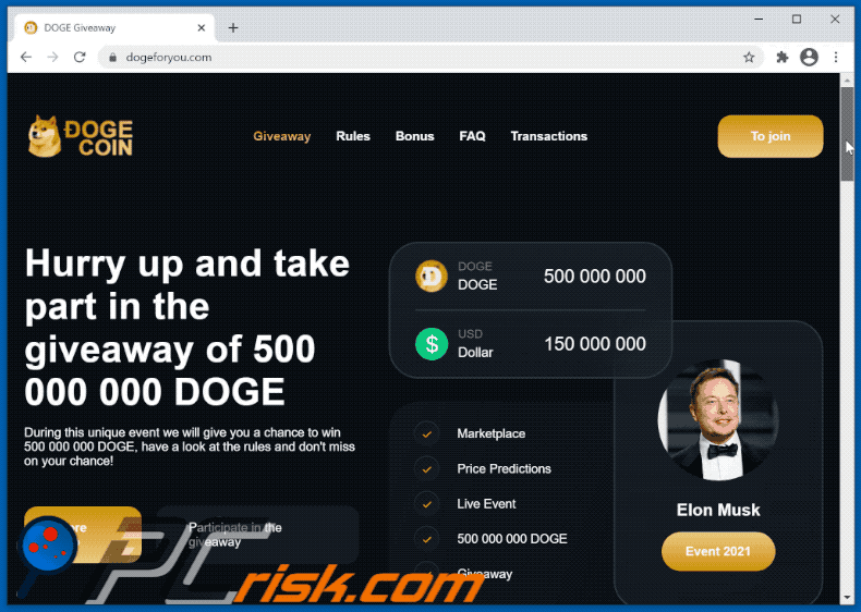 site da fraude Elon Musk-themed Doge giveaway - dogeforyou.com (2021-04-20)