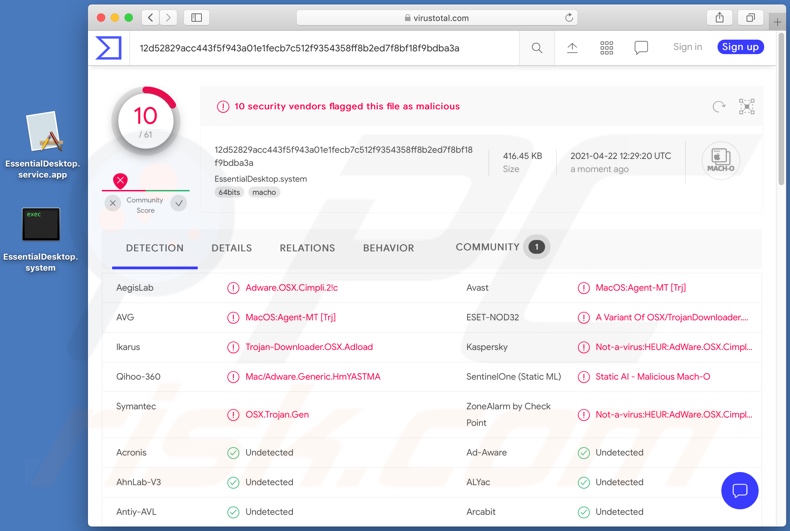 detecções de adware EssentialDesktop em VirusTotal