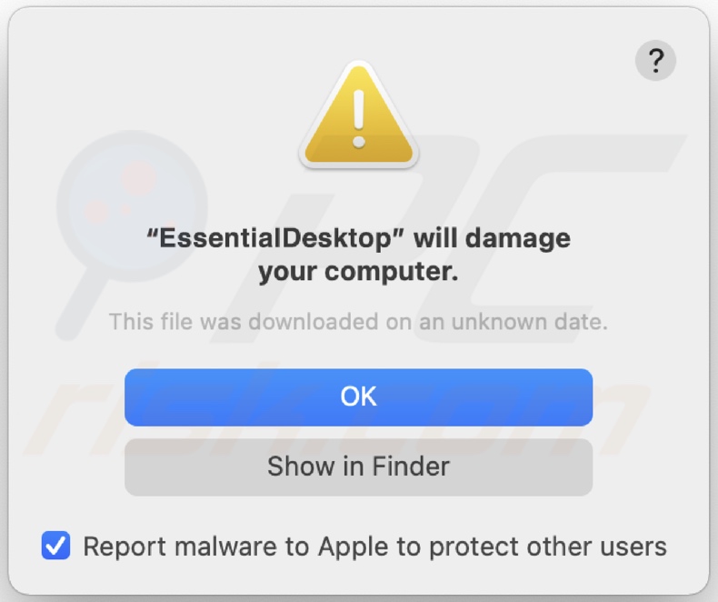 Pop-up exibido quando o adware EssentialDesktop é instalado