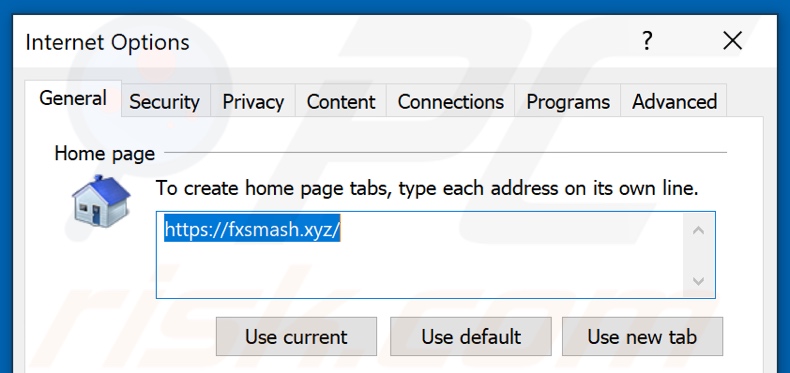 Remoção do fxsmash.xyz da página inicial do Internet Explorer