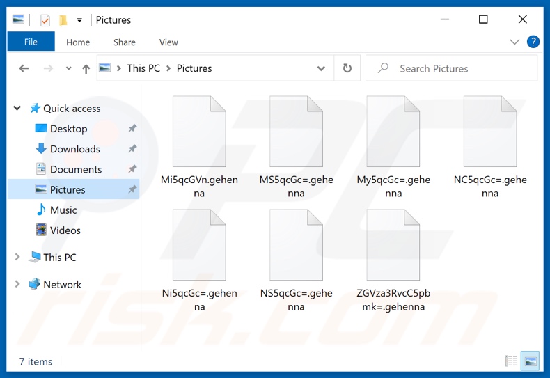 Ficheiros encriptados pelo ransomware GEHENNA LOCKER (nome de ficheiro aleatório e extensão .gehenna)