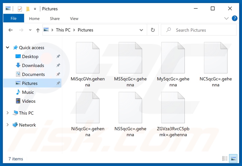 Ficheiros encriptados pelo ransomware GEHENNA LOCKER (nome de ficheiro aleatório e extensão .gehenna)