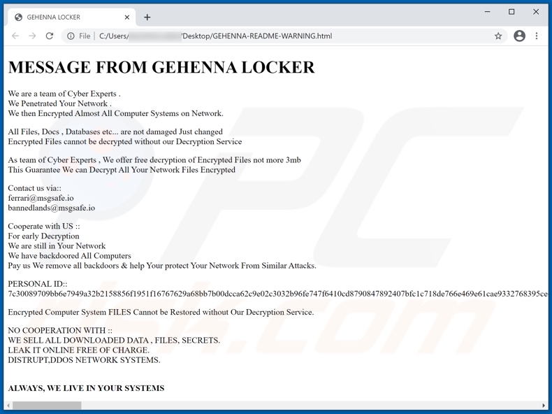 instruções de desencriptação de GEHENNA LOCKER (GEHENNA-README-WARNING.html)