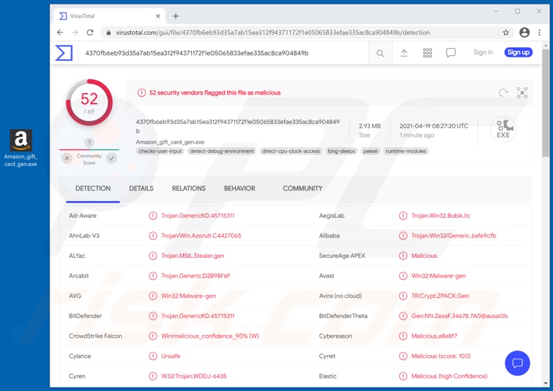 Detecções de malware HackBoss em VirusTotal