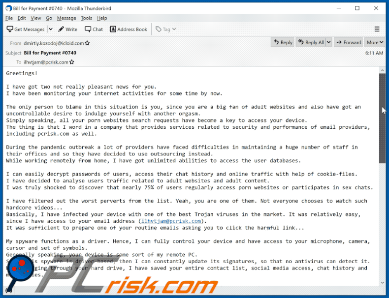 aparência do email de spam I have got two not really pleasant news for you  (GIF):