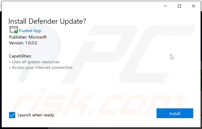instalador da fraude promovida Important Defender update available