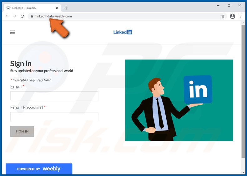 Falso site do Fake LinkedIn promovido por emails de spam