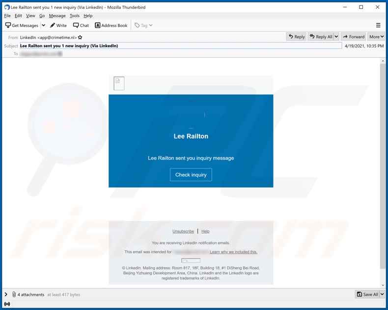 Campanha de spam no LinkedIn (assunto/título - Lee Railton sent you 1 new inquiry (Via LinkedIn))